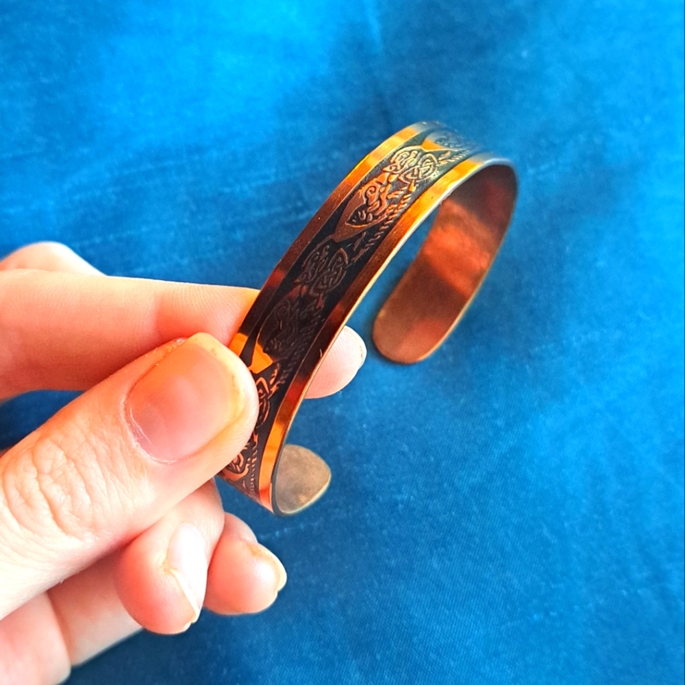 Celtic Copper Metal Bangle Bracelet Enscribed folk art style ethnic European